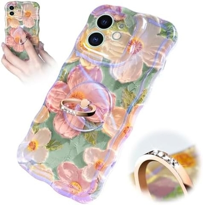 Κεφάλαιο iPhone 12 Pro Max Δαχτυλίδι, λουλούδι ζωγραφικής με λάδι Πλούσιο ρετρό λουλούδι χαριτωμένο κυματοειδές πλαίσιο Κεφάλαιο τηλεφώνου γυναικείου κοριτσιού