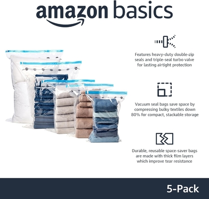 Τσάντες αποθήκευσης με κενό συμπίεση Amazon Basics Zipper με αντλία χεριού, μεσαία, 5 συσκευασίες, λευκές, γαλάζιες