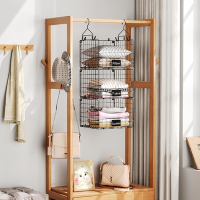 Sonyabecca 3-Tier κρεμασμένο ντουλάπι οργανωτής με πινακίδα ονόματος, ρούχα κρεμασμένα ράφια 5 S γάντζους, τοίχο τοποθέτηση &amp; ντουλάπι