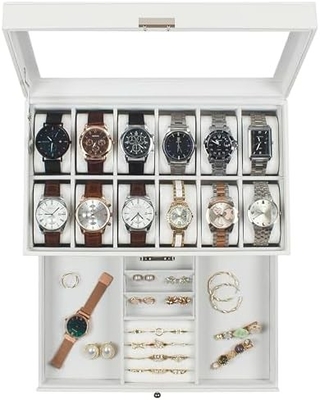GUKA Watch Box 12 Slot Watch Display Οργανωτής Δερμάτινο Κοσμήματα Κουτί συρτάρι γυαλί Γενέθλια για τους άνδρες Γυναίκες, παιδιά σύζυγος