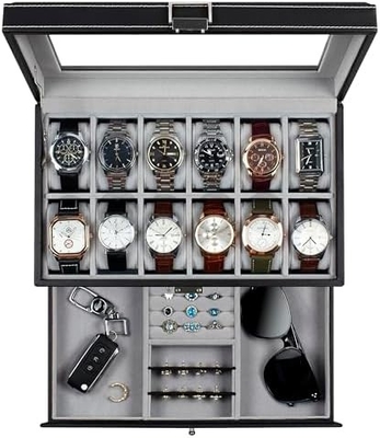 GUKA Watch Box 12 Slot Watch Display Οργανωτής Δερμάτινο Κοσμήματα Κουτί συρτάρι γυαλί Γενέθλια για τους άνδρες Γυναίκες, παιδιά σύζυγος