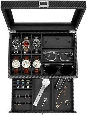 GUKA Watch Box 12 Slot Watch Display Οργανωτής Δερμάτινο Κοσμήματα Κουτί συρτάρι γυαλί Γενέθλια για τους άνδρες Γυναίκες, παιδιά σύζυγος