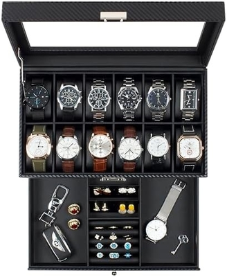 GUKA Watch Box 12 Slot Watch Display Οργανωτής Δερμάτινο Κοσμήματα Κουτί συρτάρι γυαλί Γενέθλια για τους άνδρες Γυναίκες, παιδιά σύζυγος