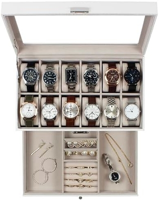 GUKA Watch Box 12 Slot Watch Display Οργανωτής Δερμάτινο Κοσμήματα Κουτί συρτάρι γυαλί Γενέθλια για τους άνδρες Γυναίκες, παιδιά σύζυγος