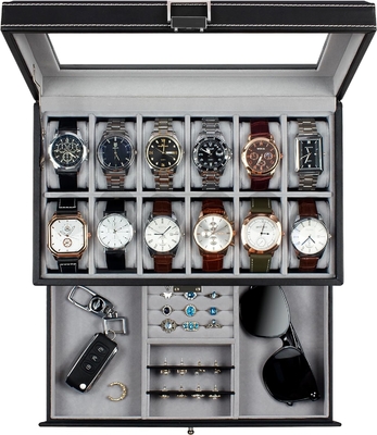 GUKA Watch Box 12 Slot Watch Display Οργανωτής Δερμάτινο Κοσμήματα Κουτί συρτάρι γυαλί Γενέθλια για τους άνδρες Γυναίκες, παιδιά σύζυγος