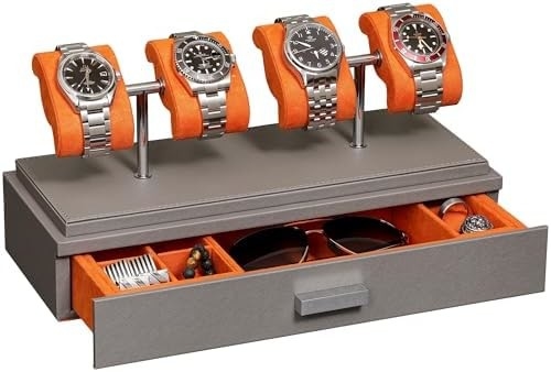 ROTHWELL Luxury Watch Display Case για 4 ρολόγια ️ Δερμάτινο κουτί ρολογιού με ακρυλικό κάλυμμα και αφαιρούμενο διαφάνειο σε μαξιλάρια