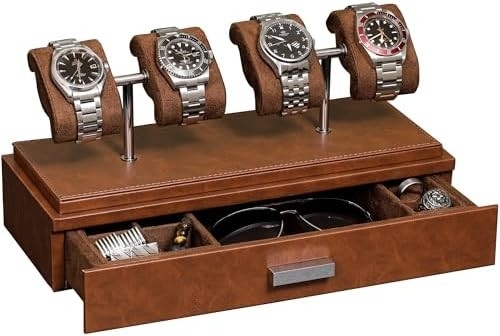 ROTHWELL Luxury Watch Display Case για 4 ρολόγια ️ Δερμάτινο κουτί ρολογιού με ακρυλικό κάλυμμα και αφαιρούμενο διαφάνειο σε μαξιλάρια