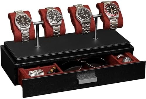ROTHWELL Luxury Watch Display Case για 4 ρολόγια ️ Δερμάτινο κουτί ρολογιού με ακρυλικό κάλυμμα και αφαιρούμενο διαφάνειο σε μαξιλάρια
