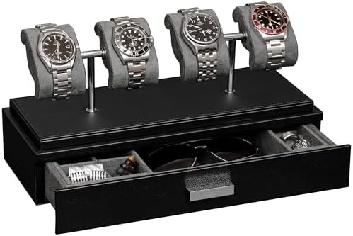 ROTHWELL Luxury Watch Display Case για 4 ρολόγια ️ Δερμάτινο κουτί ρολογιού με ακρυλικό κάλυμμα και αφαιρούμενο διαφάνειο σε μαξιλάρια