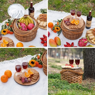 Μικρά καλάθια πικνίκ με μονωμένο ψυγείο, καλάθι πικνίκ για 2 άτομα, καλάθι ξύλου, συμπεριλαμβανομένων 2 συνόλων