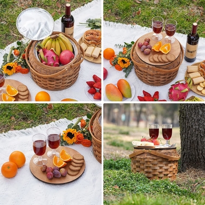 Μικρά καλάθια πικνίκ με μονωμένο ψυγείο, καλάθι πικνίκ για δύο άτομα, καλάθι με ξύλο,