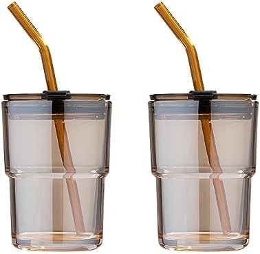 13oz/400ml Tumbler Γυαλί νερού, Κύπελλα με άχυρο και το καπάκι σφραγισμένο μεταφέρετε για καφέ, παγωμένο τσάι, παχύ τοίχωμα μονωμένο γυαλί