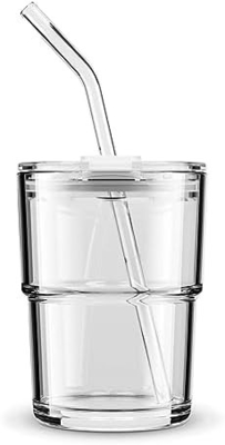 13oz/400ml Tumbler Γυαλί νερού, Κύπελλα με άχυρο και το καπάκι σφραγισμένο μεταφέρετε για καφέ, παγωμένο τσάι, παχύ τοίχωμα μονωμένο γυαλί