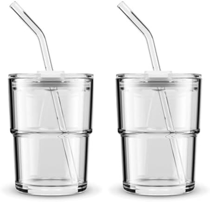 13oz/400ml Tumbler Γυαλί νερού, Κύπελλα με άχυρο και το καπάκι σφραγισμένο μεταφέρετε για καφέ, παγωμένο τσάι, παχύ τοίχωμα μονωμένο γυαλί