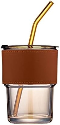 13oz/400ml Tumbler Γυαλί νερού, Κύπελλα με άχυρο και το καπάκι σφραγισμένο μεταφέρετε για καφέ, παγωμένο τσάι, παχύ τοίχωμα μονωμένο γυαλί