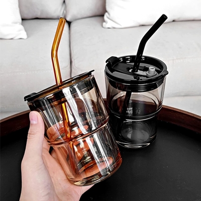13oz/400ml Tumbler Γυαλί νερού, Κύπελλα με άχυρο και το καπάκι σφραγισμένο μεταφέρετε για καφέ, παγωμένο τσάι, παχύ τοίχωμα μονωμένο γυαλί