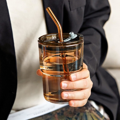 13oz/400ml Tumbler Γυαλί νερού, Κύπελλα με άχυρο και το καπάκι σφραγισμένο μεταφέρετε για καφέ, παγωμένο τσάι, παχύ τοίχωμα μονωμένο γυαλί