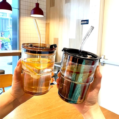 13oz/400ml Tumbler Γυαλί νερού, Κύπελλα με άχυρο και το καπάκι σφραγισμένο μεταφέρετε για καφέ, παγωμένο τσάι, παχύ τοίχωμα μονωμένο γυαλί