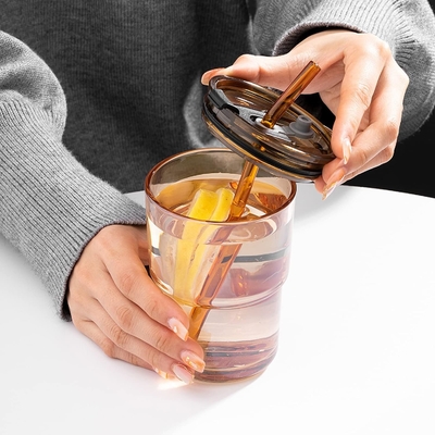 13oz/400ml Tumbler Γυαλί νερού, Κύπελλα με άχυρο και το καπάκι σφραγισμένο μεταφέρετε για καφέ, παγωμένο τσάι, παχύ τοίχωμα μονωμένο γυαλί