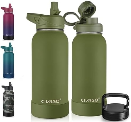 32 oz μπουκάλι απομονωμένου νερού με καλαμάκι, ατσάλινο αθλητικό ποτήρι νερού μπουκάλι με 3 καπάκια (καλαμάκι, βρύση και καπάκι χειριστή)