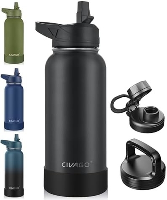 32 oz μπουκάλι απομονωμένου νερού με καλαμάκι, ατσάλινο αθλητικό ποτήρι νερού μπουκάλι με 3 καπάκια (καλαμάκι, βρύση και καπάκι χειριστή)