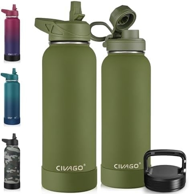 32 oz μπουκάλι απομονωμένου νερού με καλαμάκι, ατσάλινο αθλητικό ποτήρι νερού μπουκάλι με 3 καπάκια (καλαμάκι, βρύση και καπάκι χειριστή)