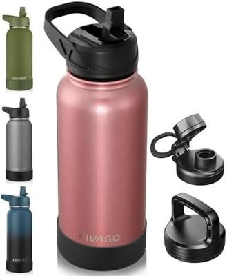 32 oz μπουκάλι απομονωμένου νερού με καλαμάκι, ατσάλινο αθλητικό ποτήρι νερού μπουκάλι με 3 καπάκια (καλαμάκι, βρύση και καπάκι χειριστή)