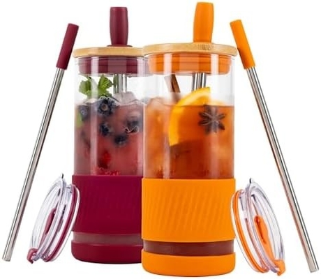 Γυάλινα κύπελλα με καπάκια και καλαμάκια -20 Fl Oz- Τέλειο μέγεθος Κύπελλο παγωμένου καφέ - Κύπελλο smoothie με μπαμπού