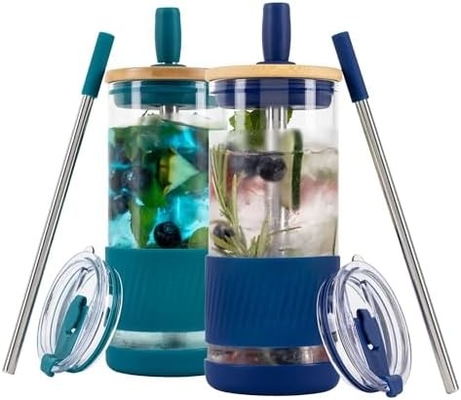 Γυάλινα κύπελλα με καπάκια και καλαμάκια -20 Fl Oz- Τέλειο μέγεθος Κύπελλο παγωμένου καφέ - Κύπελλο smoothie με μπαμπού