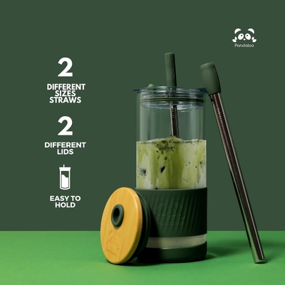 Γυάλινα κύπελλα με καπάκια και καλαμάκια -20 Fl Oz- Τέλειο μέγεθος Κύπελλο παγωμένου καφέ - Κύπελλο smoothie με μπαμπού
