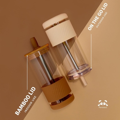 Γυάλινα κύπελλα με καπάκια και καλαμάκια -20 Fl Oz- Τέλειο μέγεθος Κύπελλο παγωμένου καφέ - Κύπελλο smoothie με μπαμπού