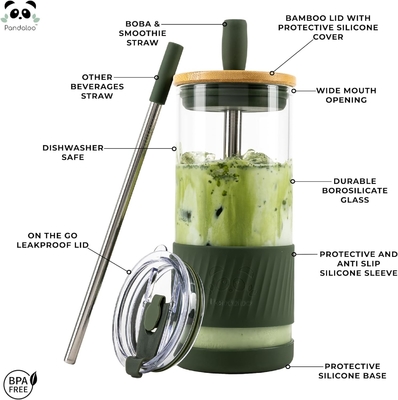 Γυάλινα κύπελλα με καπάκια και καλαμάκια -20 Fl Oz- Τέλειο μέγεθος Κύπελλο παγωμένου καφέ - Κύπελλο smoothie με μπαμπού