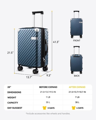 Μεταφορά αποσκευών 22x14x9 Αεροπορική εταιρεία Εγκρίθηκε - 35L Πολυκαρβονικό επεκτάσιμη βαλίτσα σκληρού κέλυφου με τροχούς περιστροφής