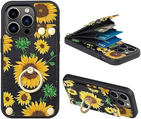 Κρατητές καρτών με iPhone 13 Pro Max, 360° περιστρεφόμενο κράτημα δαχτυλιδιού, δερμάτινο κάλυμμα κάρτας, RFID ανθεκτικό κάλυμμα,