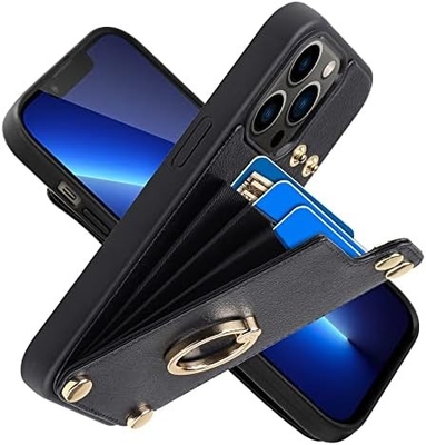 Κρατητές καρτών με iPhone 13 Pro Max, 360° περιστρεφόμενο κράτημα δαχτυλιδιού, δερμάτινο κάλυμμα κάρτας, RFID ανθεκτικό κάλυμμα,