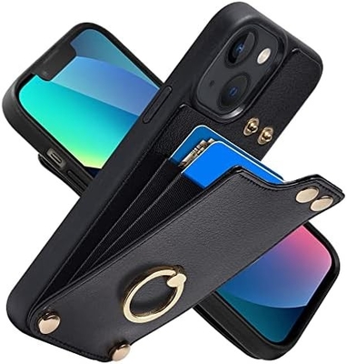 Κρατητές καρτών με iPhone 13 Pro Max, 360° περιστρεφόμενο κράτημα δαχτυλιδιού, δερμάτινο κάλυμμα κάρτας, RFID ανθεκτικό κάλυμμα,