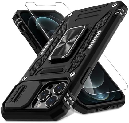 iPhone 12 Pro Max με κάλυψη κάμερας διαφάνειας+προστατευτής οθόνης ((1 πακέτο),τροχιασμένο δαχτυλίδι Kickstand Στρατιωτική βαθμίδα Shockproof