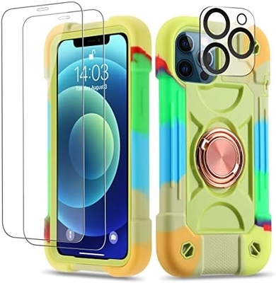 iPhone 12 Pro Max Case 6.7&quot; - Αδιάβροχο για βαριά χρήση, στήριγμα δαχτυλιδιών, γυάλινη οθόνη και προστατευτικός φακός κάμερας (Rainbow Pink)