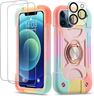 iPhone 12 Pro Max Case 6.7&quot; - Αδιάβροχο για βαριά χρήση, στήριγμα δαχτυλιδιών, γυάλινη οθόνη και προστατευτικός φακός κάμερας (Rainbow Pink)