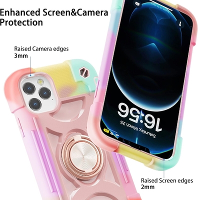 iPhone 12 Pro Max Case 6.7&quot; - Αδιάβροχο για βαριά χρήση, στήριγμα δαχτυλιδιών, γυάλινη οθόνη και προστατευτικός φακός κάμερας (Rainbow Pink)