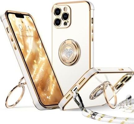 iPhone 12 Pro Max Θήκη με στεφάνη, Θήκη τηλεφώνου με διπλό δακτυλίδι Kickstand, Γυναίκες Κορίτσια Bling πολυτελή προστατευτική θήκη ακούει