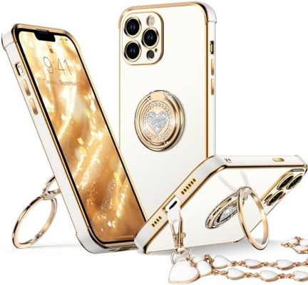 iPhone 12 Pro Max Θήκη με στεφάνη, Θήκη τηλεφώνου με διπλό δακτυλίδι Kickstand, Γυναίκες Κορίτσια Bling πολυτελή προστατευτική θήκη ακούει