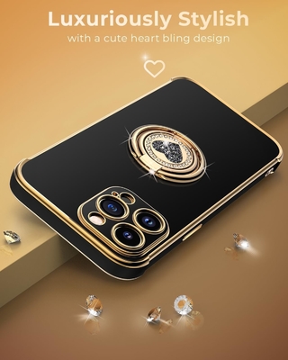 iPhone 12 Pro Max Θήκη με στεφάνη, Θήκη τηλεφώνου με διπλό δακτυλίδι Kickstand, Γυναίκες Κορίτσια Bling πολυτελή προστατευτική θήκη ακούει