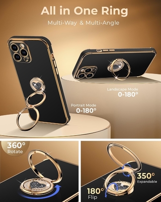 iPhone 12 Pro Max Θήκη με στεφάνη, Θήκη τηλεφώνου με διπλό δακτυλίδι Kickstand, Γυναίκες Κορίτσια Bling πολυτελή προστατευτική θήκη ακούει