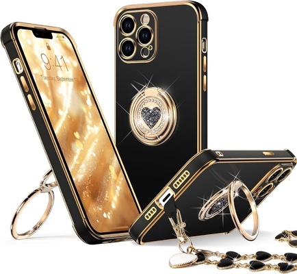 iPhone 12 Pro Max Θήκη με στεφάνη, Θήκη τηλεφώνου με διπλό δακτυλίδι Kickstand, Γυναίκες Κορίτσια Bling πολυτελή προστατευτική θήκη ακούει