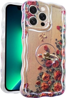 Κεφάλαιο iPhone 12 Pro Max Δαχτυλίδι, λουλούδι ζωγραφικής με λάδι Πλούσιο ρετρό λουλούδι χαριτωμένο κυματοειδές πλαίσιο Κεφάλαιο τηλεφώνου γυναικείου κοριτσιού