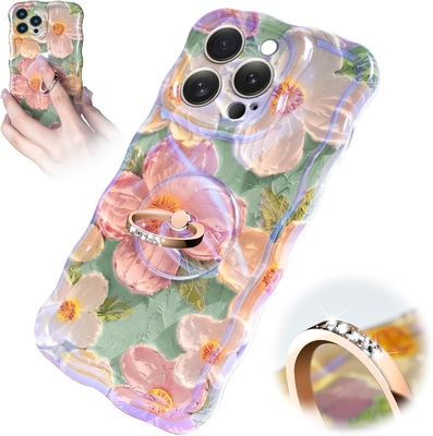 Κεφάλαιο iPhone 12 Pro Max Δαχτυλίδι, λουλούδι ζωγραφικής με λάδι Πλούσιο ρετρό λουλούδι χαριτωμένο κυματοειδές πλαίσιο Κεφάλαιο τηλεφώνου γυναικείου κοριτσιού