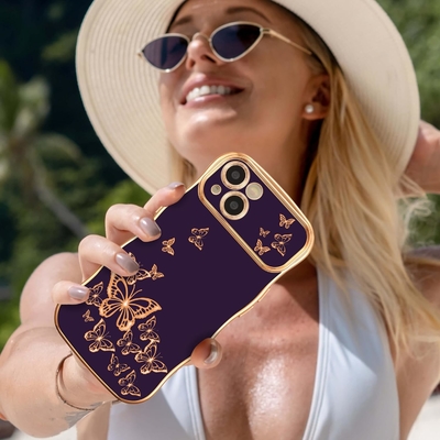 Κουτί για iPhone 13 κοριτσιού, κατσαρόλα κύματος, πολυτελές επιχρισμένο μοτίβο πεταλούδας, προστασία φακού από χρυσαφένιο τενεκέ TPU