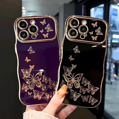 Κουτί για iPhone 13 κοριτσιού, κατσαρόλα κύματος, πολυτελές επιχρισμένο μοτίβο πεταλούδας, προστασία φακού από χρυσαφένιο τενεκέ TPU