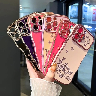 Κουτί για iPhone 13 κοριτσιού, κατσαρόλα κύματος, πολυτελές επιχρισμένο μοτίβο πεταλούδας, προστασία φακού από χρυσαφένιο τενεκέ TPU
